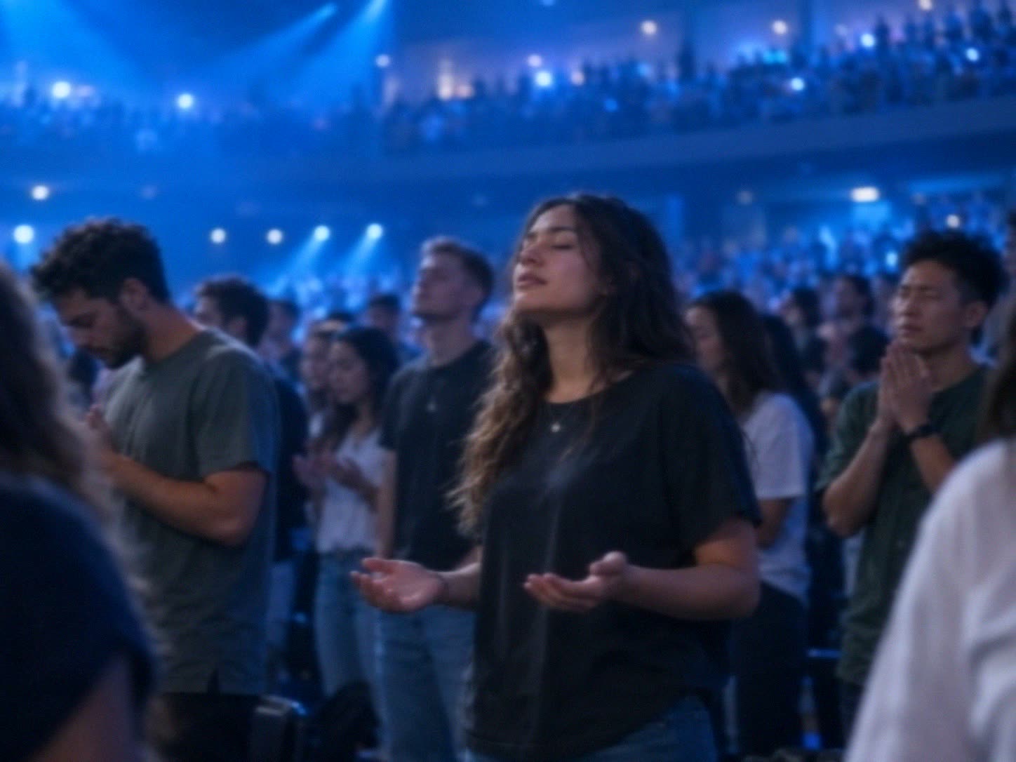 People standing in worship and prayer in a dimly lit arena, one woman with eyes closed and open hands
